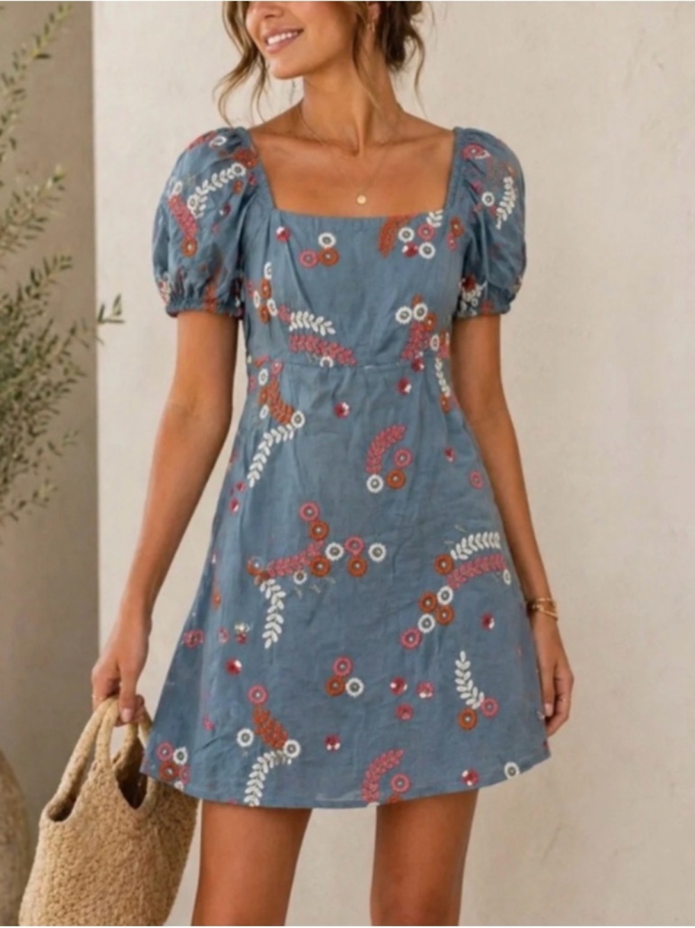 Square Neck Blue Floral Embroidered Mini Dress
